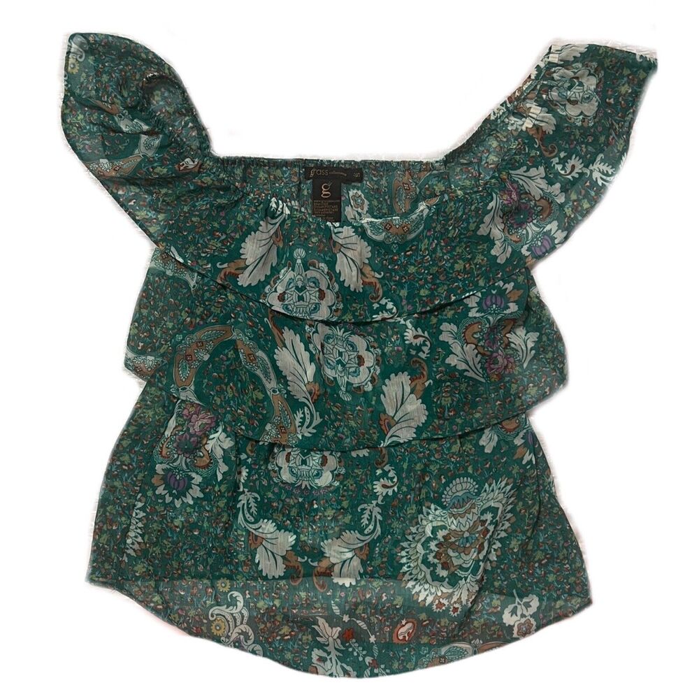 Grass Jeans Women's Bright Green Floral Over the Shoulder Blouse Size S NWT